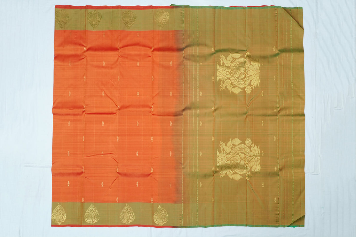 Kanchipuram Handloom Silk Saree - Orange Color with Mustard Border