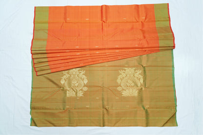 Kanchipuram Handloom Silk Saree - Orange Color with Mustard Border