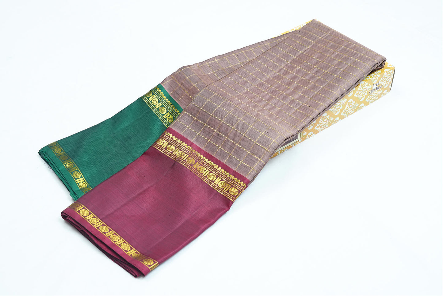 Grey Checked Pure Handloom Saree with Rich Maroon Border