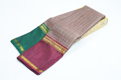 Grey Checked Pure Handloom Saree with Rich Maroon Border