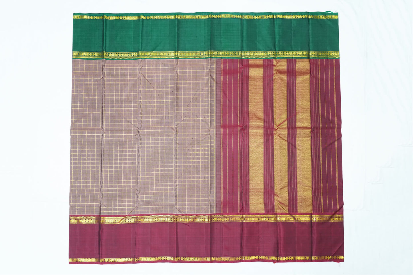 Grey Checked Pure Handloom Saree with Rich Maroon Border