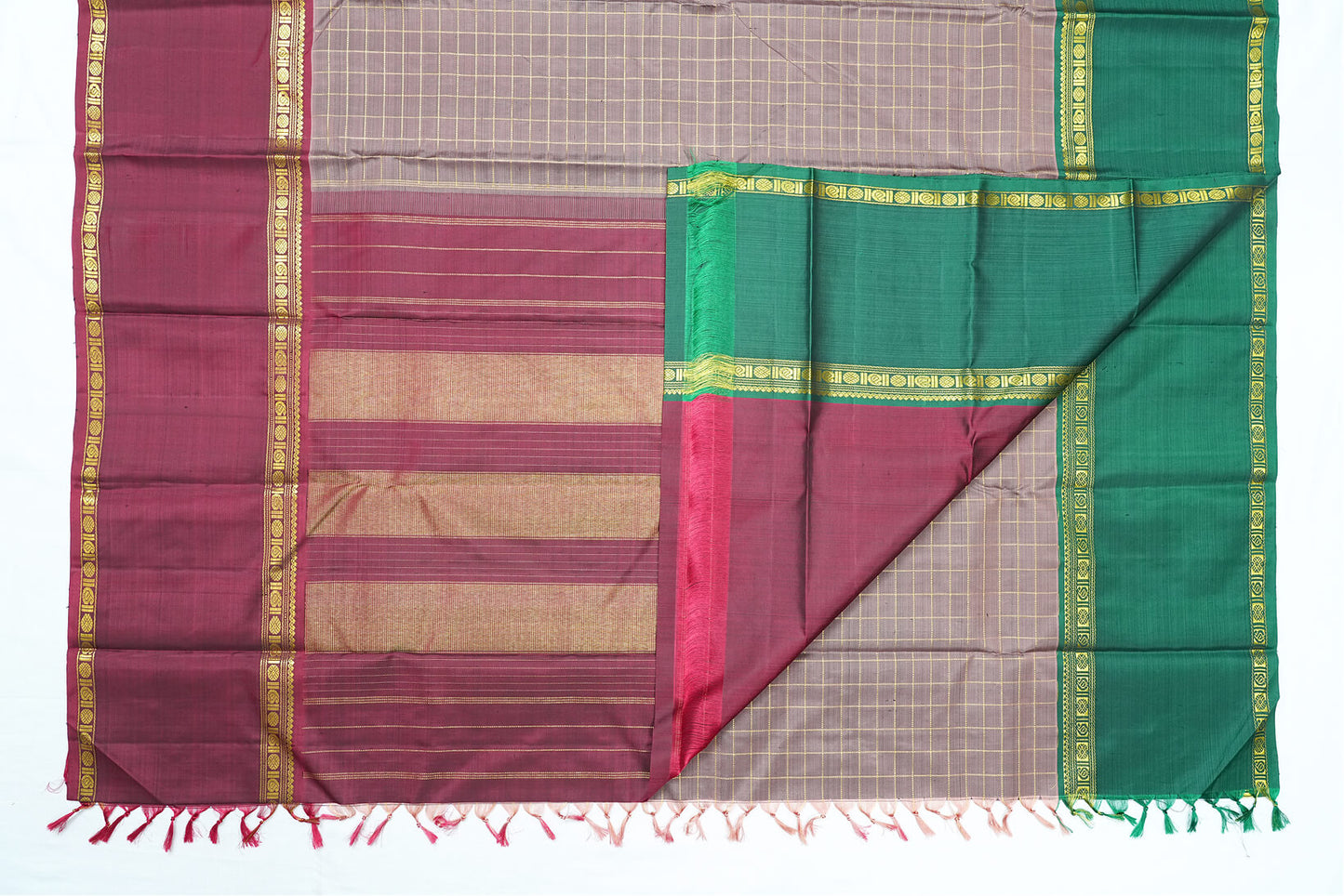 Grey Checked Pure Handloom Saree with Rich Maroon Border