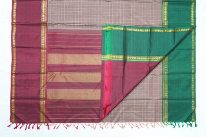 Grey Checked Pure Handloom Saree with Rich Maroon Border