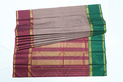 Grey Checked Pure Handloom Saree with Rich Maroon Border