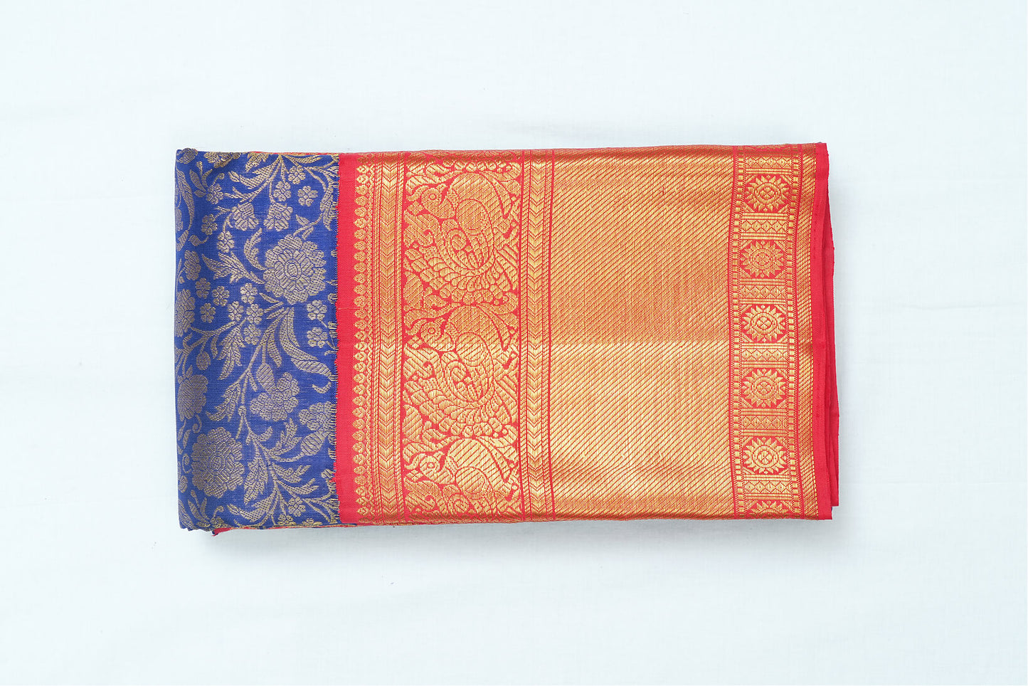 Kanchipuram Handloom Bridal Silk Saree - Dark Blue with Rich Red Border