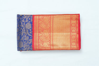 Kanchipuram Handloom Bridal Silk Saree - Dark Blue with Rich Red Border