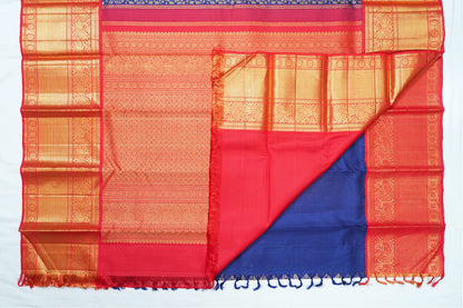 Kanchipuram Handloom Bridal Silk Saree - Dark Blue with Rich Red Border
