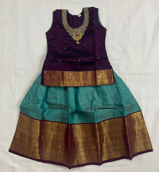 Purple Embroidered Top with Sea Green Pattu Pavadai