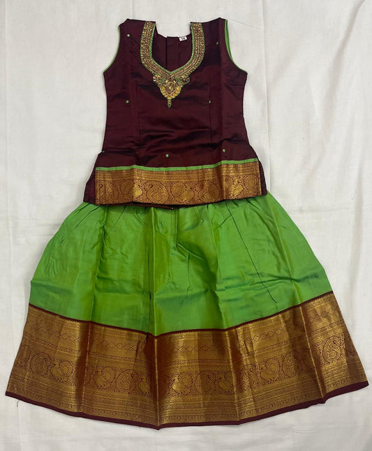 Maroon Embroidered Top with Bright Green Pattu Pavadai