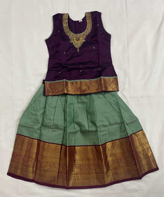 Purple Designer Top with Light Green Pattu Pavadai