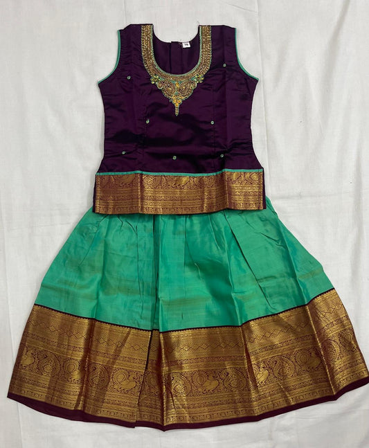 Purple Heavy-Neck Work Top with Teal Pattu Skirt