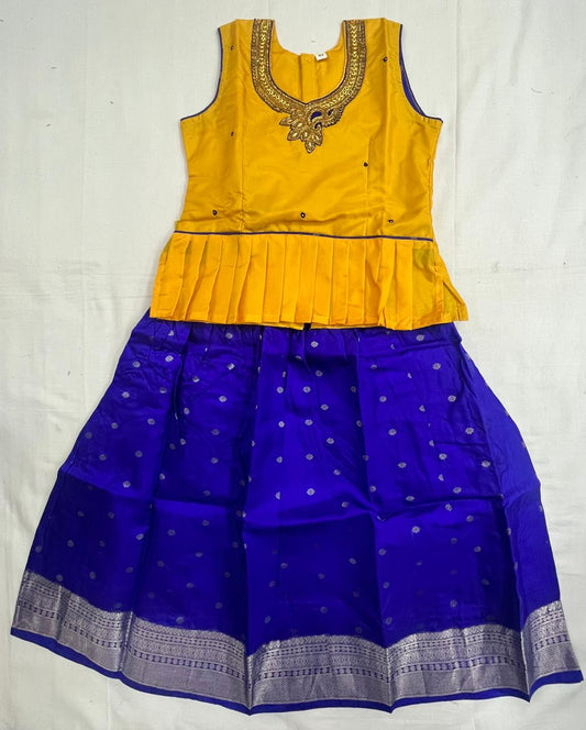Yellow Embroidered Top with Blue–Purple Pattu Pavadai