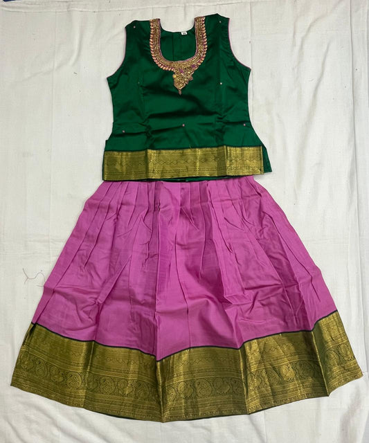Green Designer Top with Pink Pattu Pavadai