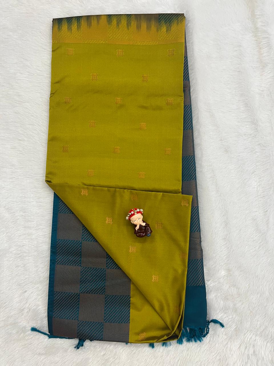 Mehandi Green Soft Silk Saree with Peacock Blue Border